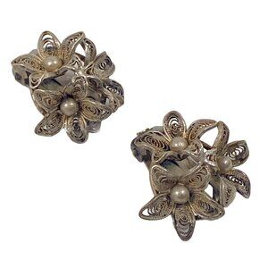 Art Deco Floral Earrings 0.75" Silver 800 Filigree Periwinkle Flower Antique